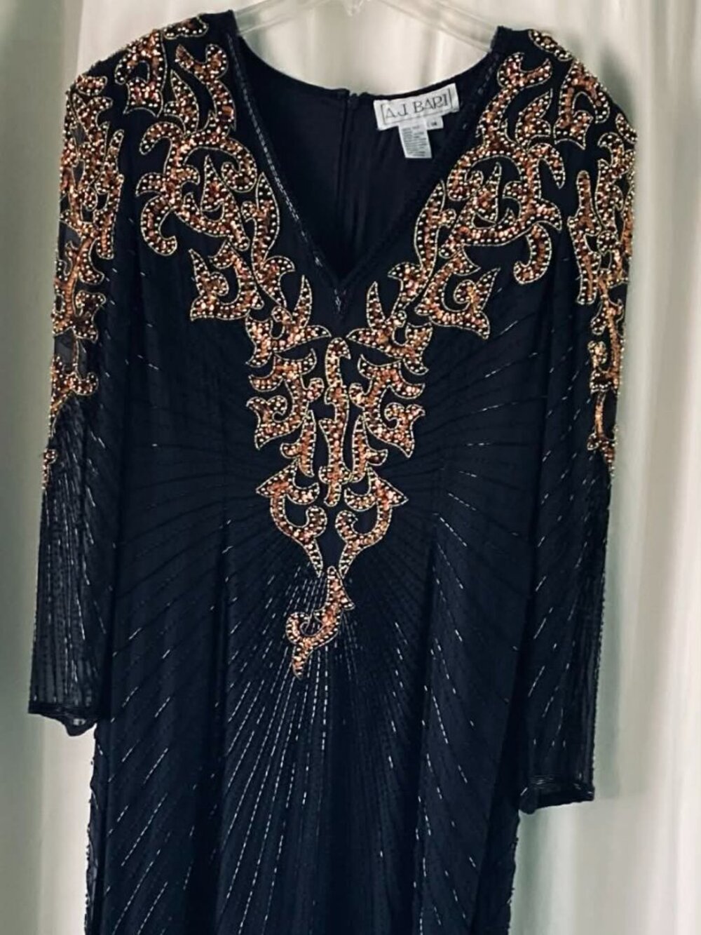 A.J. Bari Beaded Silk Dress Size 14 Black Gold Sequin Asymmetrical Evening